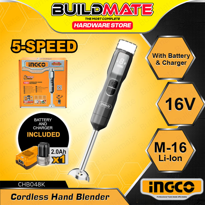 BUILDMATE Ingco Lithium-Ion 16V Cordless Hand Blender 100W Rechargeable 5-Speed Handheld Stick Immersion Blender - ICPT