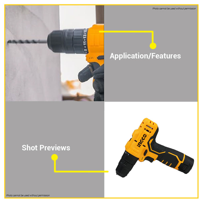 BUILDMATE Ingco Lithium-Ion Cordless 12V Impact Drill / Driver 20Nm Rechargeable Drilling Gun with Hammer Function - ICPT