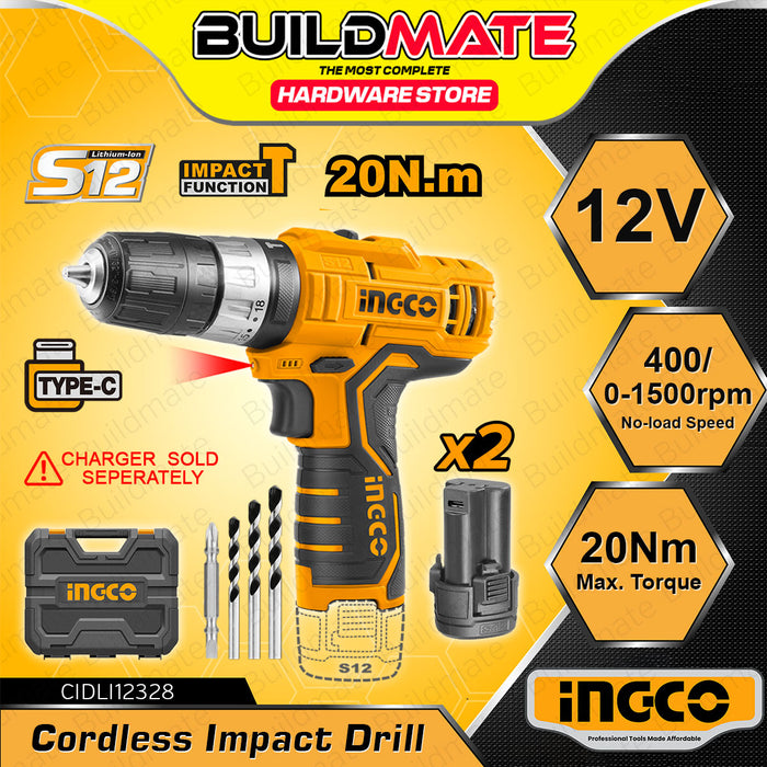 BUILDMATE Ingco Lithium-Ion Cordless 12V Impact Drill / Driver 20Nm Rechargeable Drilling Gun with Hammer Function - ICPT