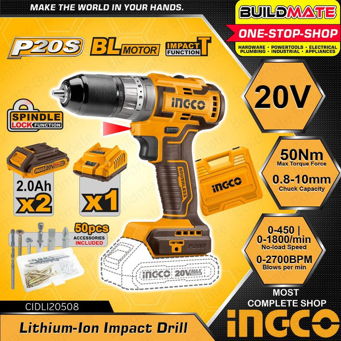 BUILDMATE Ingco Lithium-Ion Cordless 20V Impact Drill 45Nm - 65Nm with Battery and Charger 2-Speed Mechanical Gear Combo Kit Set SOLD PER SET - ICPT