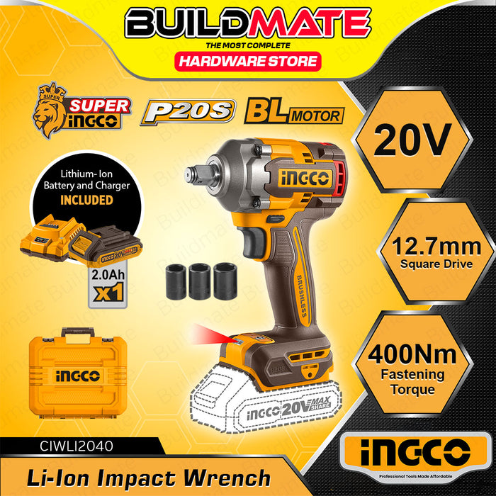 BUILDMATE Ingco Lithium-Ion Brushless Cordless 20V Impact Wrench 400N.m Rechargeable Automotive Torque Wrench Driver - ICPT
