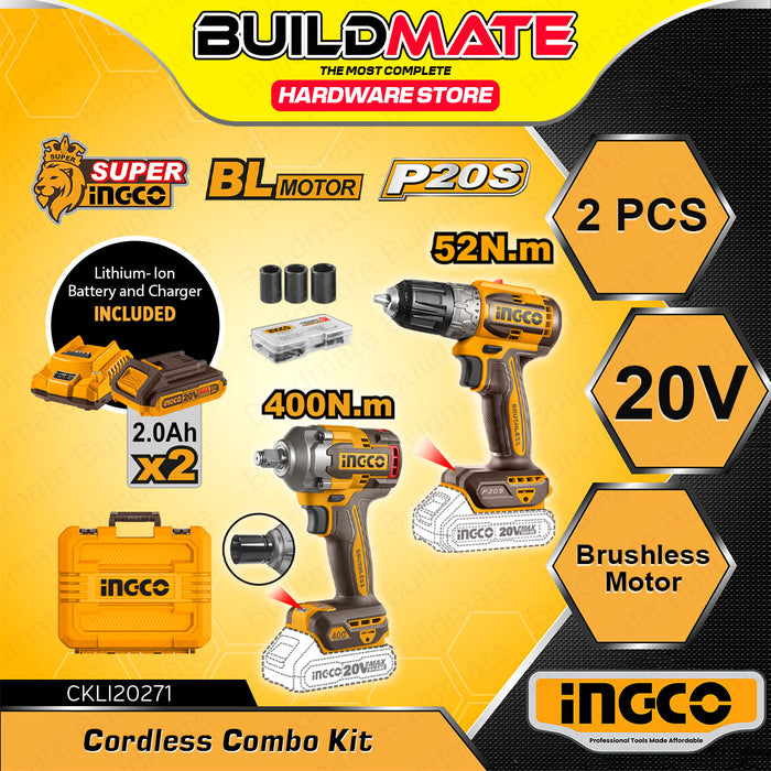 [EXCLUSIVE] BUILDMATE Ingco 2pcs Brushless 20V Cordless Combo Kit Lithium-Ion ( Impact Wrench or Impact Driver ) + Cordless Drill Power Tools Set CKLI20271 / CKLI20272  - ICPT