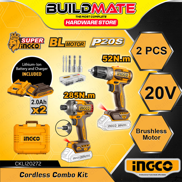 [EXCLUSIVE] BUILDMATE Ingco 2pcs Brushless 20V Cordless Combo Kit Lithium-Ion ( Impact Wrench or Impact Driver ) + Cordless Drill Power Tools Set CKLI20271 / CKLI20272  - ICPT