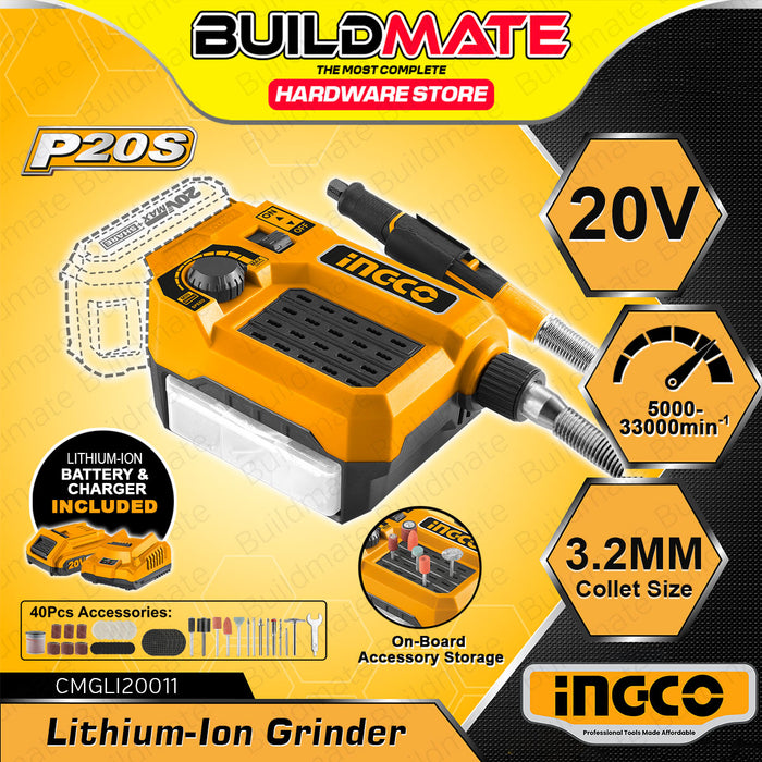 BUILDMATE Ingco Lithium-Ion Cordless 20V Grinder 5000-33000rpm Portable Rechargeable Die Grinder with On Board Accessory Storage - ICPT