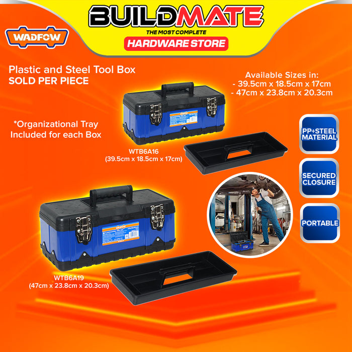 BUILDMATE Wadfow Plastic & Steel Tool Box 15.5" / 18.5" Inch Tools Storage Organizer Toolbox With Metal Buckle WTB6A16 / WTB6A19 - WHT