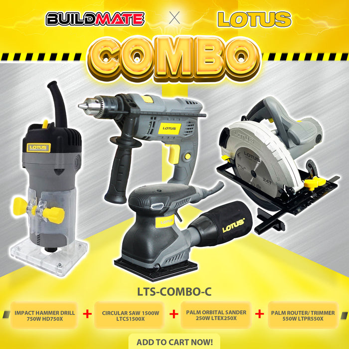 [COMBO C] BUILDMATE Lotus Impact Drill 750W HD750X with Circular Saw 1500W LTCS1500X & Palm Orbital Sander 250W LTEX250X & Palm Router/ Trimmer 550W LTPR550X - LPT
