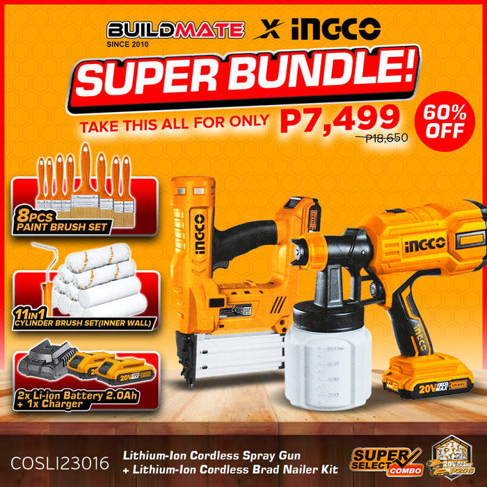 [EXCLUSIVE] BUILDMATE Ingco 2PCS Combo Kit 20V Cordless Brad Nailer HVLP Paint Spray Gun Roller Paint Brush Set Battery & Charger Combo Kit COSLI23016 • ICPT