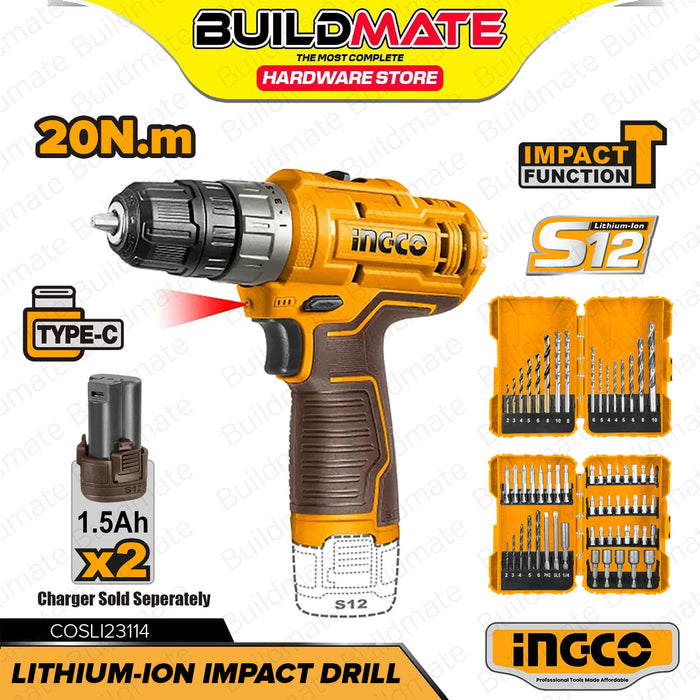 BUILDMATE Ingco Lithium-Ion Cordless 12V Impact Drill with 16pcs Metal Masonry & Wood Drill Bits Set & 45pcs Torsion Screwdriver Bit Set COSLI23114 - IPT