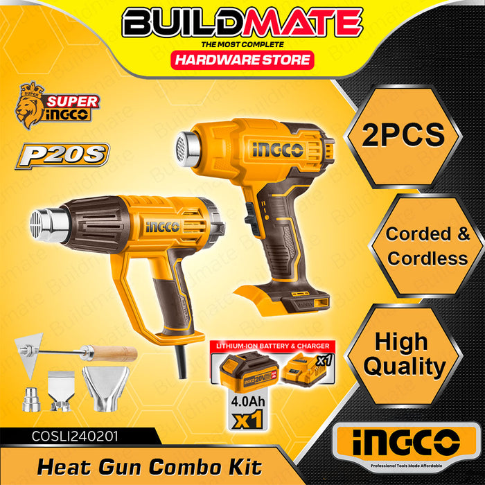 BUILDMATE Ingco Heat Gun Combo Kit 2000W Corded and 20V Lithium-Ion Cordless Hot Air Blower Shrink Gun Sealer Power Tools COSLI240201 - ICPT