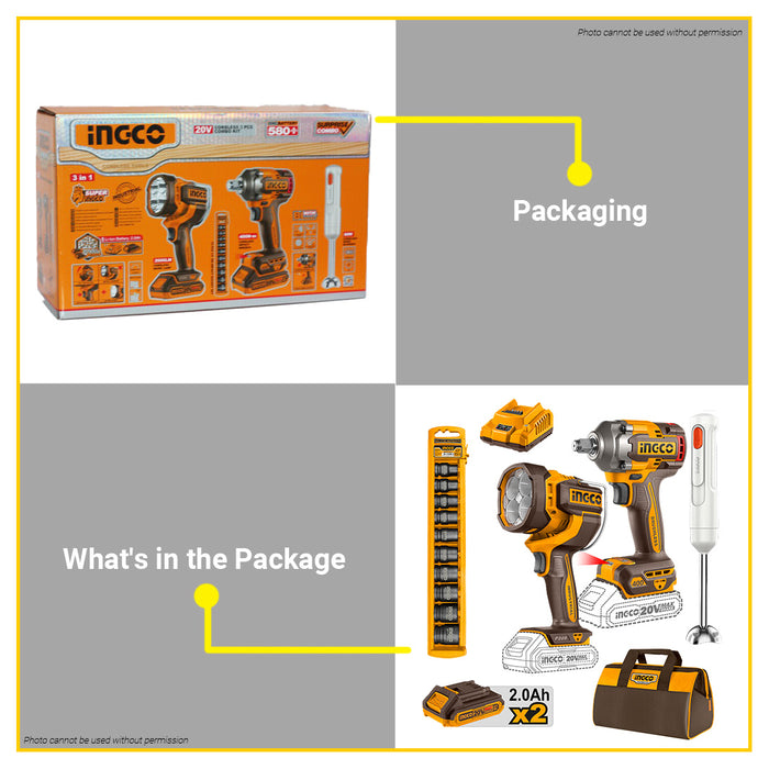 BUILDMATE Ingco 3pcs Cordless Combo Kit 400Nm Impact Wrench with 2000lm Work Lamp, Hand Blender & 1/2" Drive Impact Socket Set COSLI240961 - ICPT