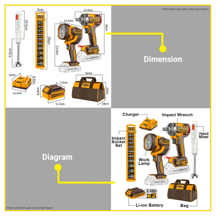 BUILDMATE Ingco 3pcs Cordless Combo Kit 400Nm Impact Wrench with 2000lm Work Lamp, Hand Blender & 1/2" Drive Impact Socket Set COSLI240961 - ICPT