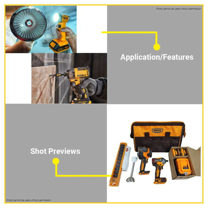 BUILDMATE Ingco 3pcs Cordless Combo Kit 400Nm Impact Wrench with 2000lm Work Lamp, Hand Blender & 1/2" Drive Impact Socket Set COSLI240961 - ICPT