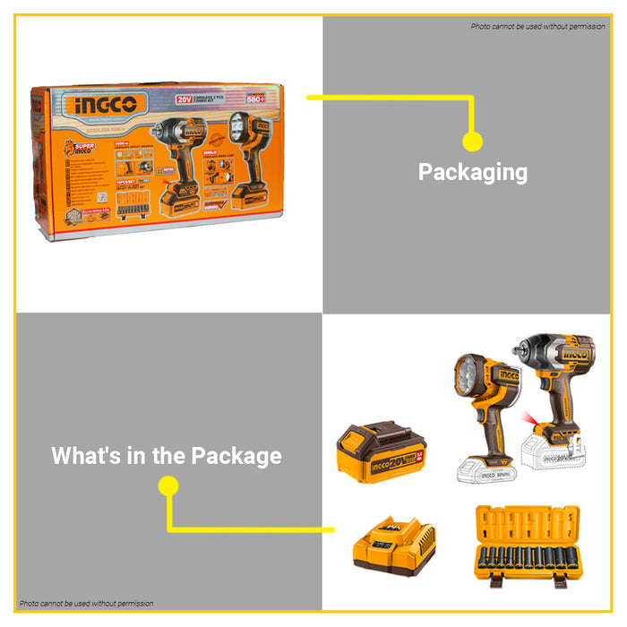 BUILDMATE Ingco 2pcs Cordless Combo Kit 20V 850Nm Brushless Impact Wrench with 2000lm Work Lamp & 1/2" Deep Socket Set Power Tool Set COSLI241181 - ICPT