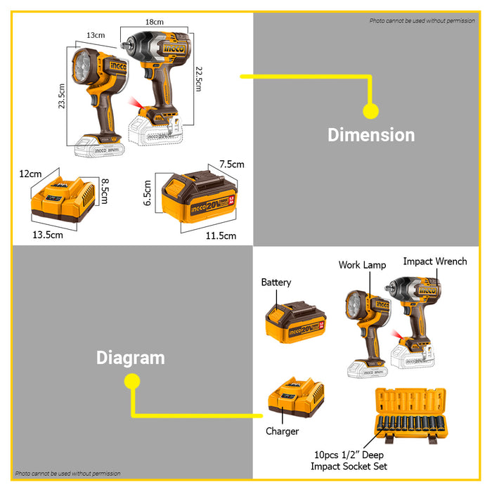 BUILDMATE Ingco 2pcs Cordless Combo Kit 20V 850Nm Brushless Impact Wrench with 2000lm Work Lamp & 1/2" Deep Socket Set Power Tool Set COSLI241181 - ICPT