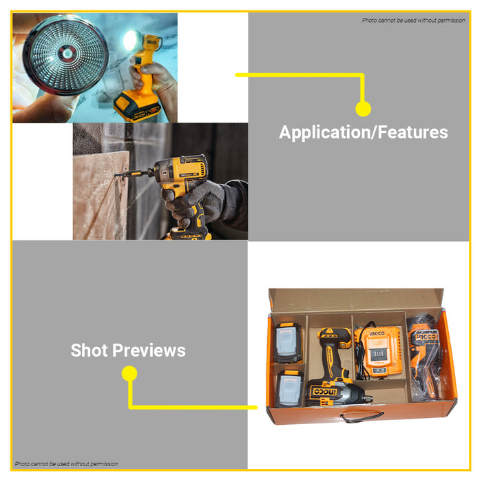 BUILDMATE Ingco 2pcs Cordless Combo Kit 20V 850Nm Brushless Impact Wrench with 2000lm Work Lamp & 1/2" Deep Socket Set Power Tool Set COSLI241181 - ICPT