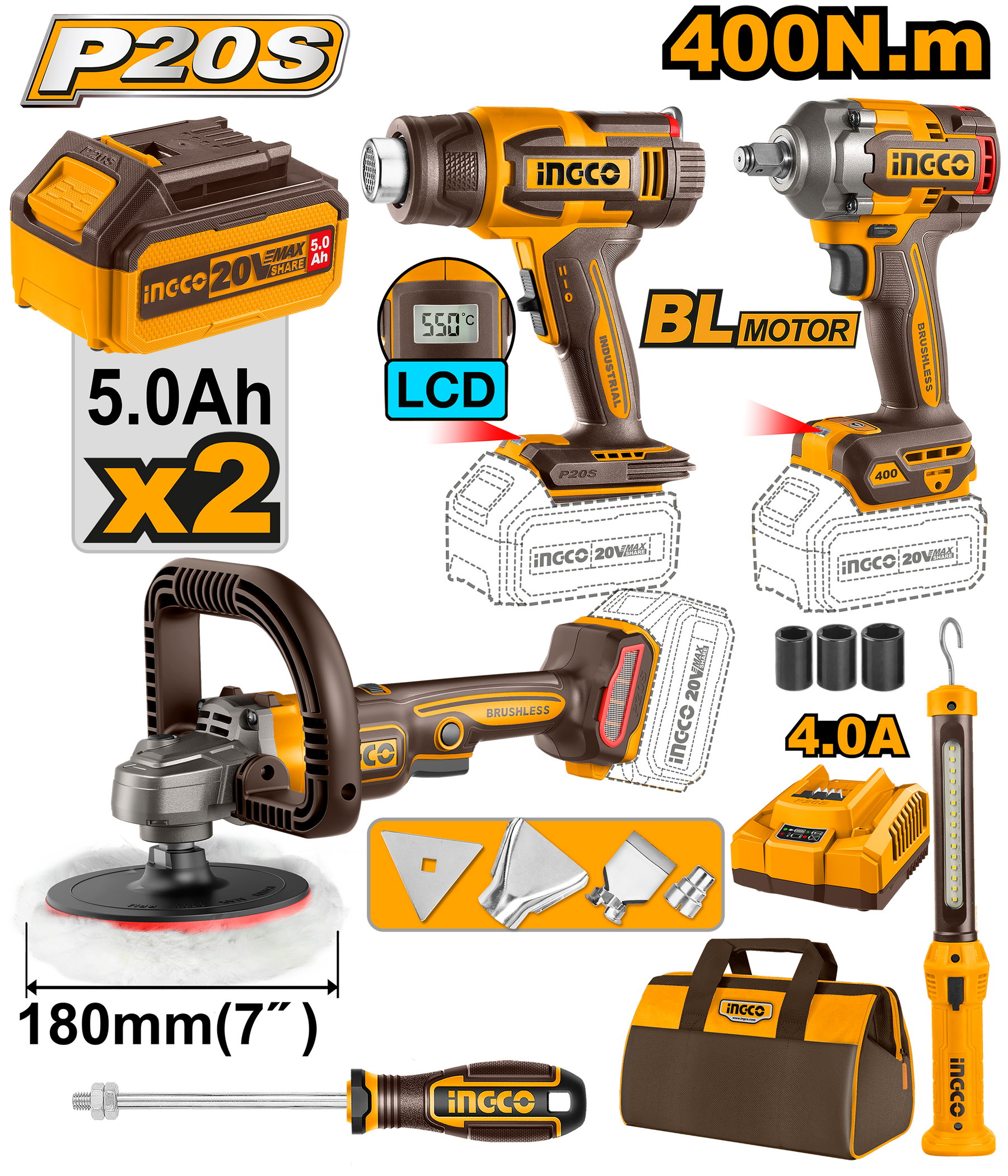 BUILDMATE Ingco 4pcs Cordless Combo Kit Cordless Polisher with Cordles ...