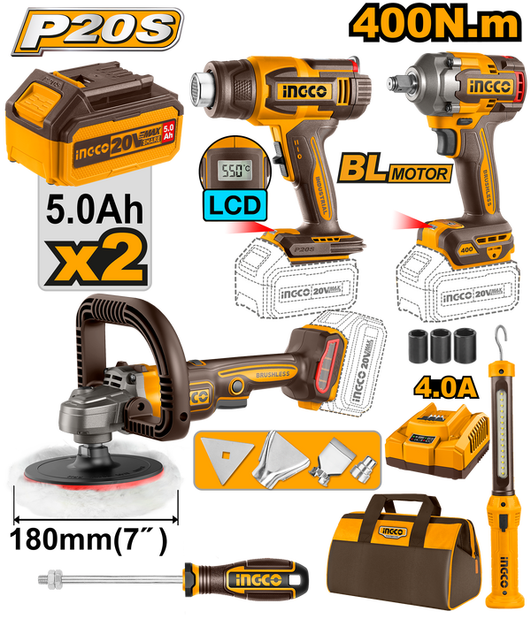 BUILDMATE Ingco 4pcs Cordless Combo Kit Cordless Polisher with Cordless Heat Gun, Cordless Impact Wrench and Cordless Work Lamp Combo Set COSLI241182 - ICPT