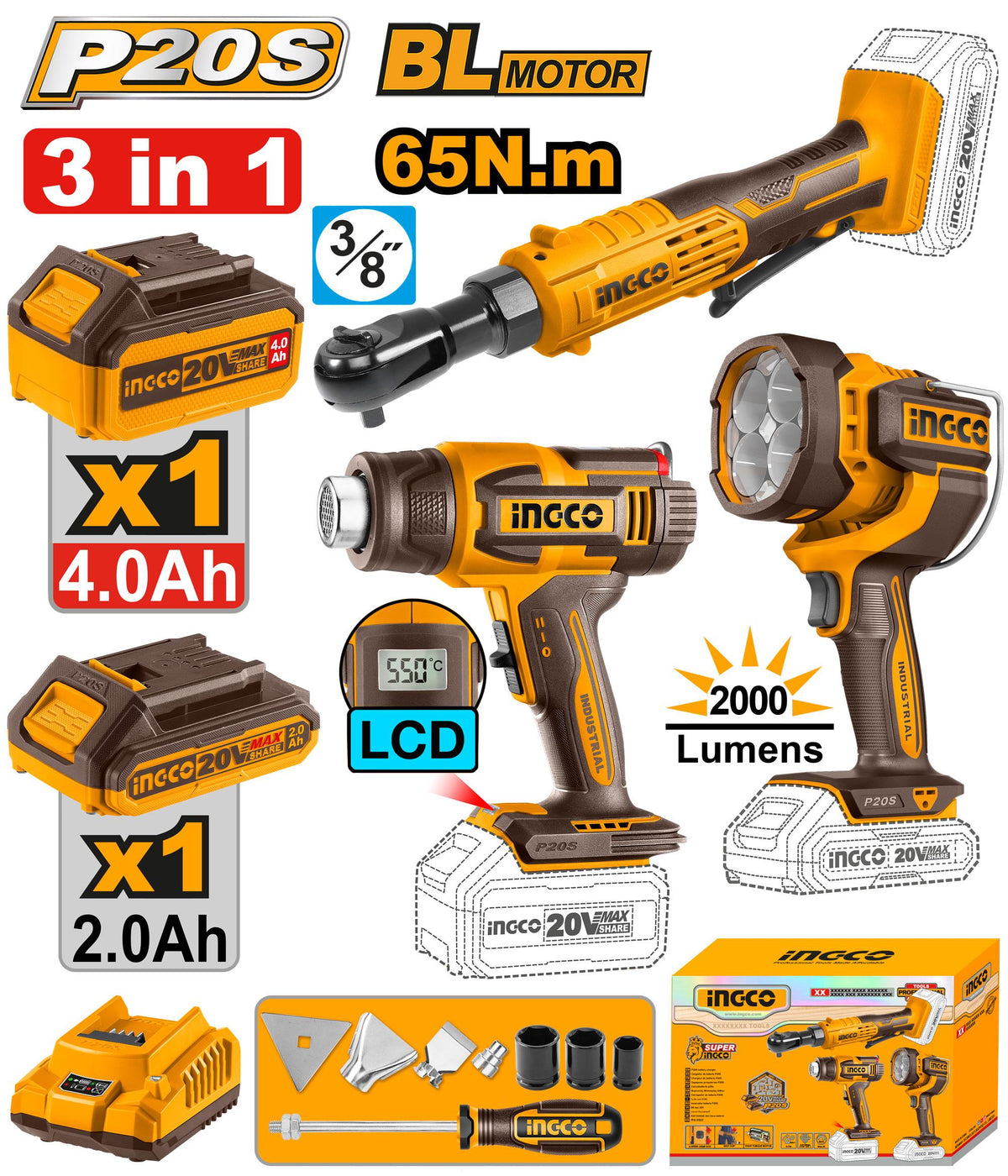 INGCO Cordless 3PCS Combo Kit Set for drilling, cutting, fastening COS ...
