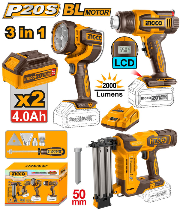 INGCO Cordless 3 PCS Combo Kit Set for drilling, grinding, and fastening jobs COSLI241201 ICPT