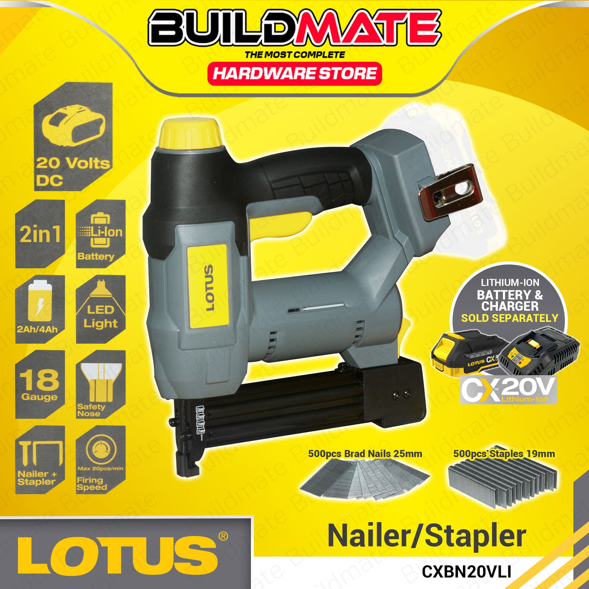 BUILDMATE Lotus 20V Max Lithium-Ion Cordless Brad Nailer / Stapler Ga1 ...
