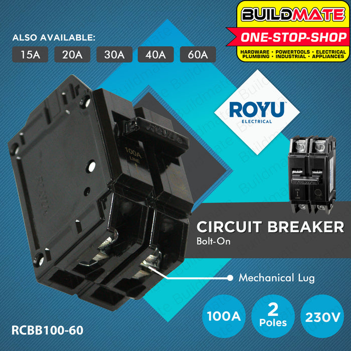 BUILDMATE Royu Mini Circuit Breaker Bolt-On Type Screw Terminal 2 Pole 15A | 20A | 30A | 40A | 60A | 100A [SOLD PER PIECE] Electrical Safety Breaker Safety Circuit Breaker Electrical Outlet Cover Electrical Circuit Safety •