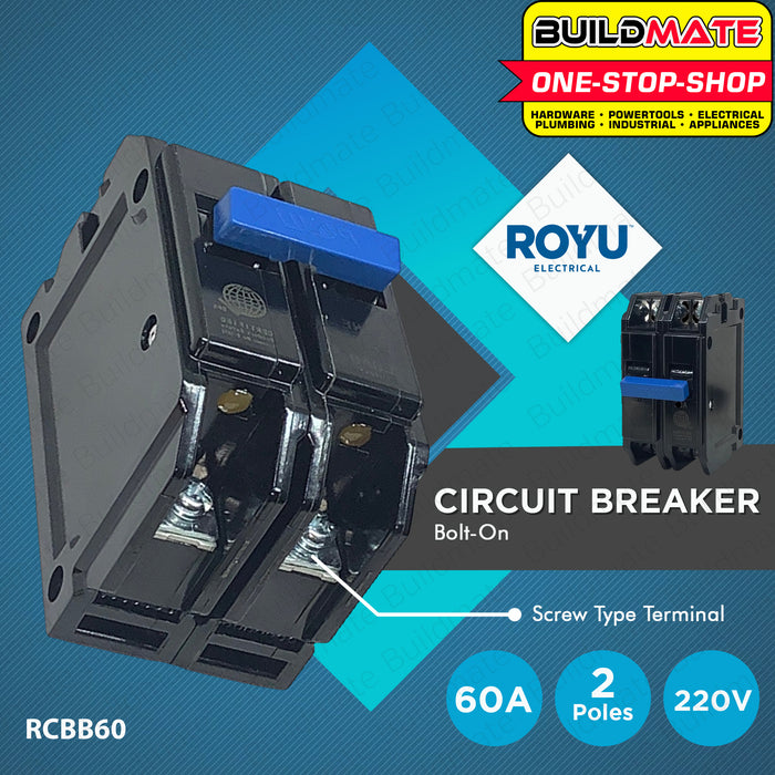 BUILDMATE Royu Mini Circuit Breaker Bolt-On Type Screw Terminal 2 Pole 15A | 20A | 30A | 40A | 60A | 100A [SOLD PER PIECE] Electrical Safety Breaker Safety Circuit Breaker Electrical Outlet Cover Electrical Circuit Safety •