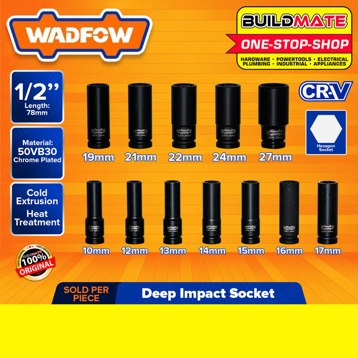 WADFOW 1/2" Inch Deep Impact Socket 10MM to 27MM [SOLD PER PIECE] Impact Socket Wrench Cold Extrusion Drive Impact Sockets Deep Sockets Black Cr-V Steel Metric Deep Impact Wrench Socket Hand Tool •BUILDMATE• WHT