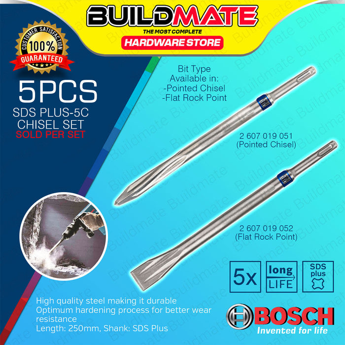 BUILDMATE Bosch 5pcs SDS Plus-5C Pointed / Flat Chisel 250mm Concrete Chiselling For Rotary Hammer Drills & Demolition Hammers - BAX