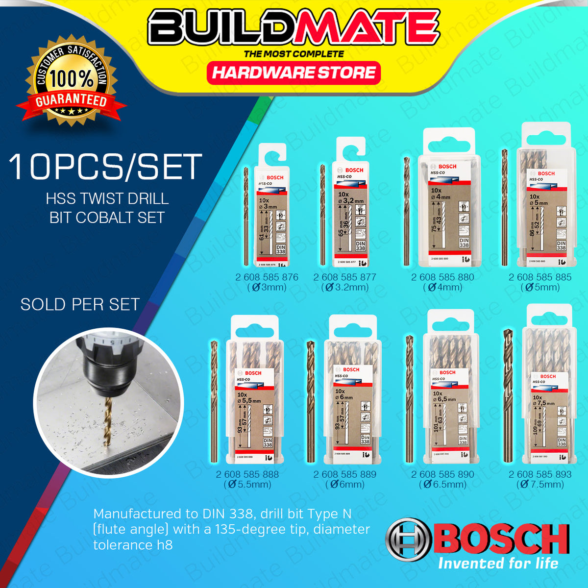 BUILDMATE Bosch 10PCS Metal Drill Bit Set 3MM - 7.5MM HSS-Co Twist Dri ...