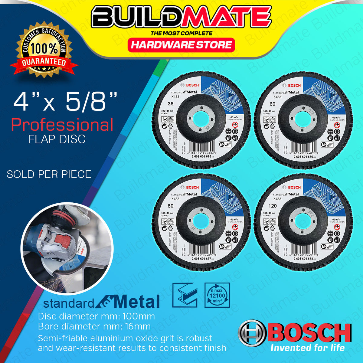 BUILDMATE Bosch 100MM Abrasive Product Alox Flap Disc for Metal X433 S