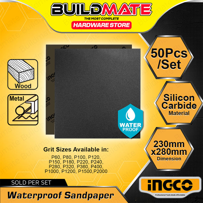 BUILDMATE Ingco 50PCS/SET Silicon Carbide Sandpaper P60 - P2000 Waterproof Abrasive Finishing Sand Paper Polishing Sanding Sheet - IHT