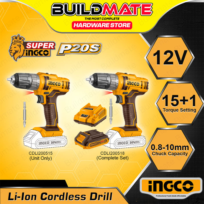BUILDMATE Ingco Lithium-Ion Cordless Drill 20V 2-Speed Gear High Torque Rechargeable Drill Driver Power Tools - ICPT