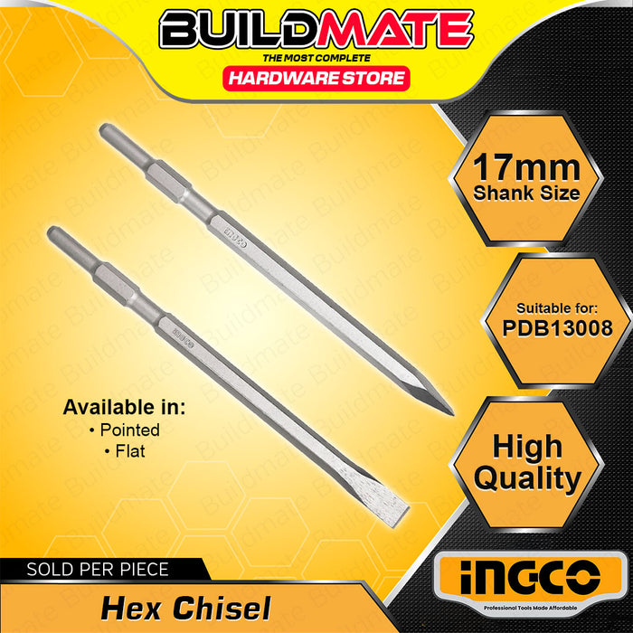 BUILDMATE Ingco Hex Chisel 17x350mm Flat / Pointed Hex Breaker Concrete Masonry Demolition & Chiseling Tool - IHT