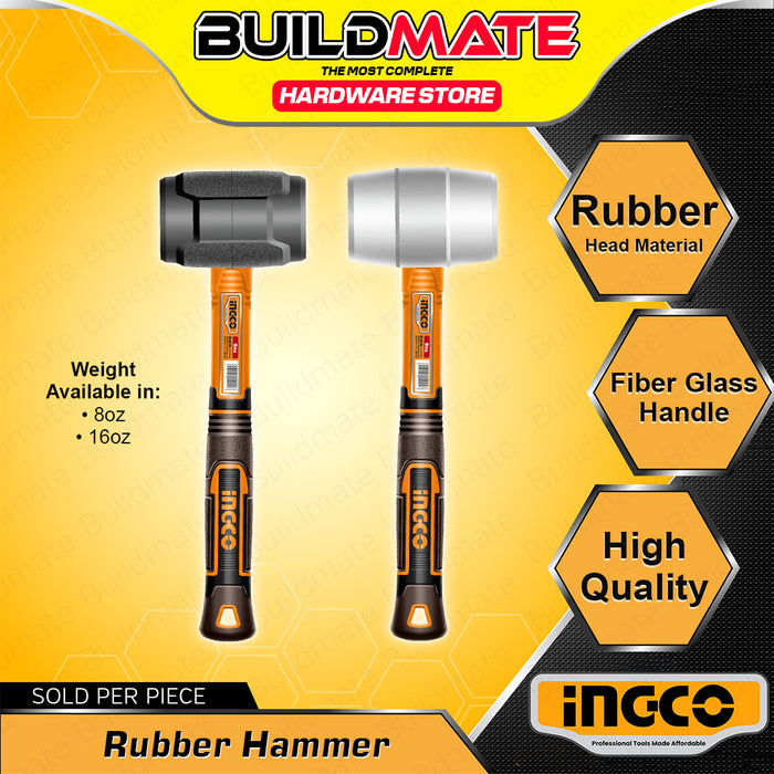 BUILDMATE Ingco Rubber Hammer 8oz / 16oz Non-Marring and Non Spark Rubber Mallet with Fiberglass Handle SOLD PER PIECE - IHT