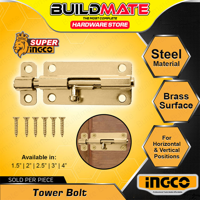 BUILDMATE Ingco Steel Tower Bolt 1.5" - 4" Brass Surface Barrel Latch Lock for Horizontal and Vertical Positions - IHT
