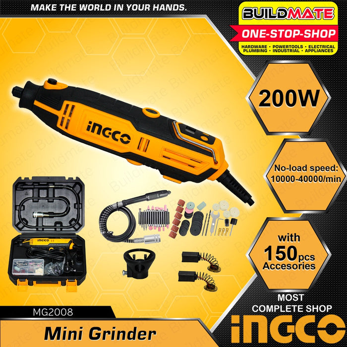 INGCO Mini Grinder Set 200W Electric Grinder Drill Engraver Rotary Tool with 150pcs Accessories Design for Drilling Cutting Grinding Routing & Polishing Grinder Tool Kit Set MG2008 •BUILDMATE• IPT