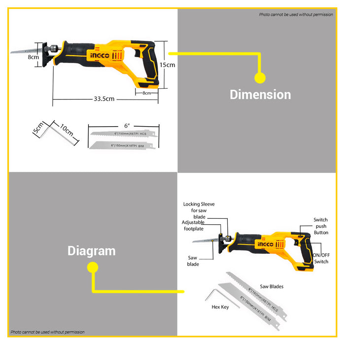 BUILDMATE Ingco 20V Lithium-Ion Cordless Reciprocating Saw 2-Stroke Motor POWERSHARE with Blade for Wood & Metal - ICPT