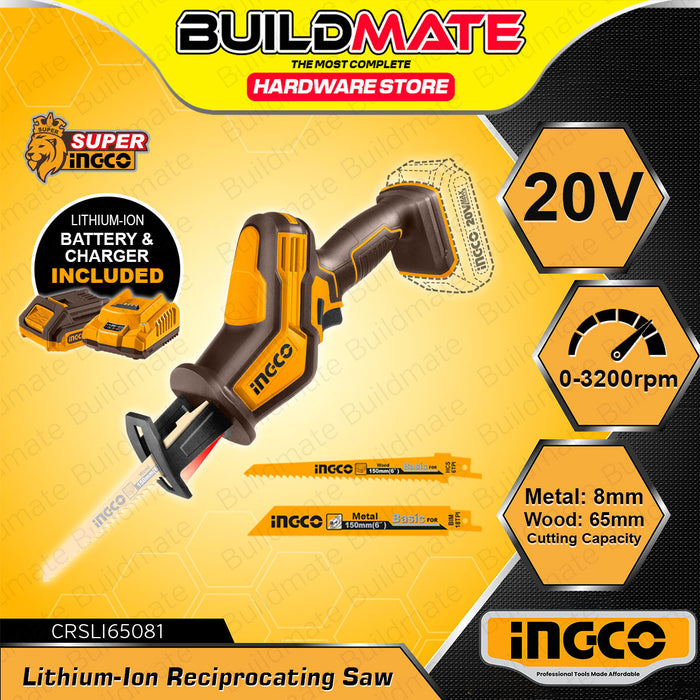 BUILDMATE Ingco Lithium-Ion Reciprocating Saw 20V Rechargeable Metal Wood Sabre Saw with 15Mmm Stroke Length ICPT