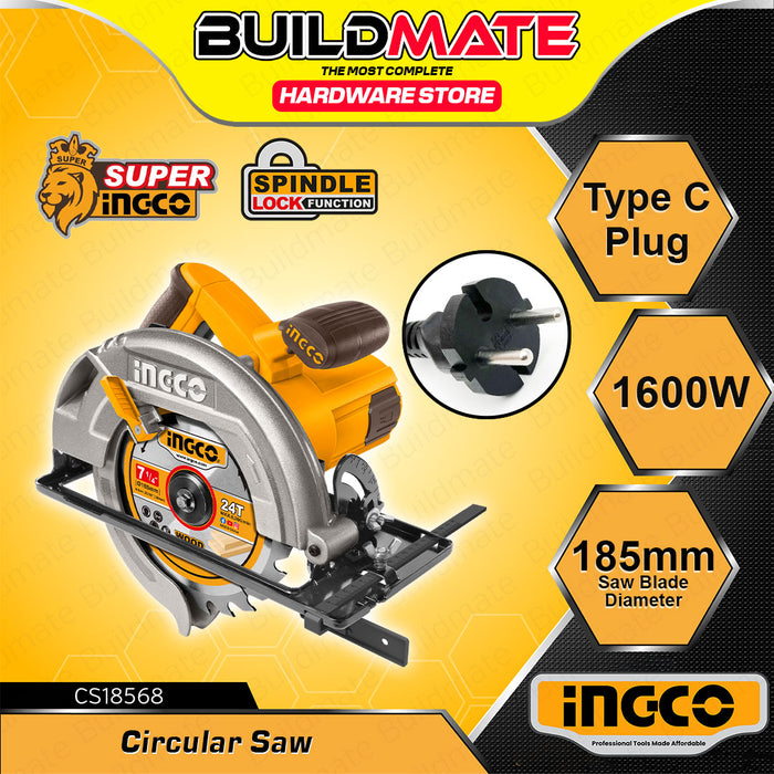 BUILDMATE Ingco Circular Saw 1600W Handheld Wood Cutting Woodworking Cutter Saw Power Tools CS18568 - IPT