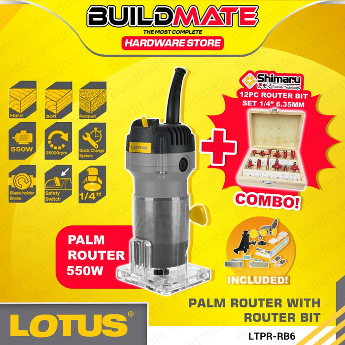 BUILDMATE Lotus 550W Palm Router / Trimmer Laminate LTPR550X with 12PCS/SET 1/4" Inch Router Bit LPT