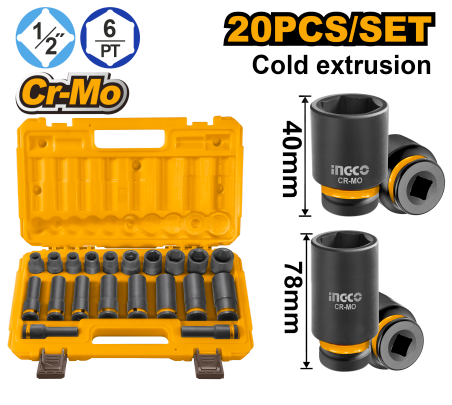 Buildmate x INGCO 20PCS 1/2"Dr Impact Socket Set Cr-Mo Deep & Standard HKISSD12203L IHT
