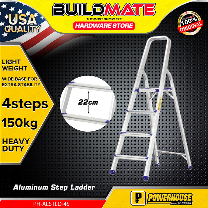 BUILDMATE Powerhouse Step Aluminum Ladder 150kg Capacity Heavy Duty Step Stool Folding Anti-Slip Stepladders - PHHT