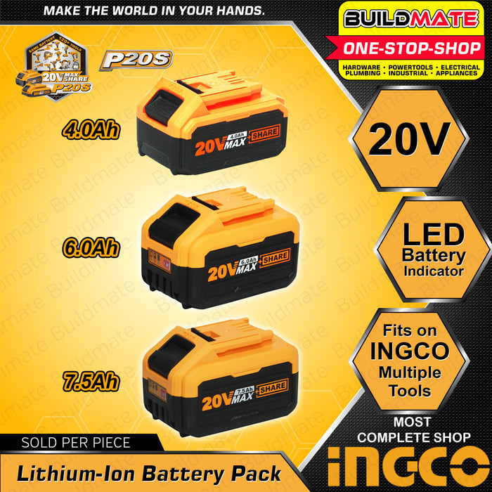 INGCO Lithium-Ion Li-Ion Battery Pack 20V 4.0Ah | 6.0Ah | 7.5Ah [SOLD PER PIECE] Compact Battery LED Battery Power Indicator Fast Intelligent Charger Power Tool Battery POWERSHARE FBLI2002 | | FBLI2060 | FBLI2075 •BUILDMATE• ICPT
