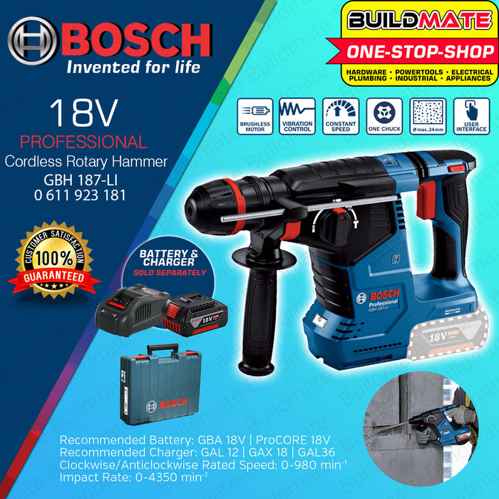 BUILDMATE Bosch Cordless Rotary Hammer Drill 18V 24mm SDS PLUS with One Chuck Concrete Breaker Chipping Gun Engraver GBH187-LI 06119231K0 0611923181