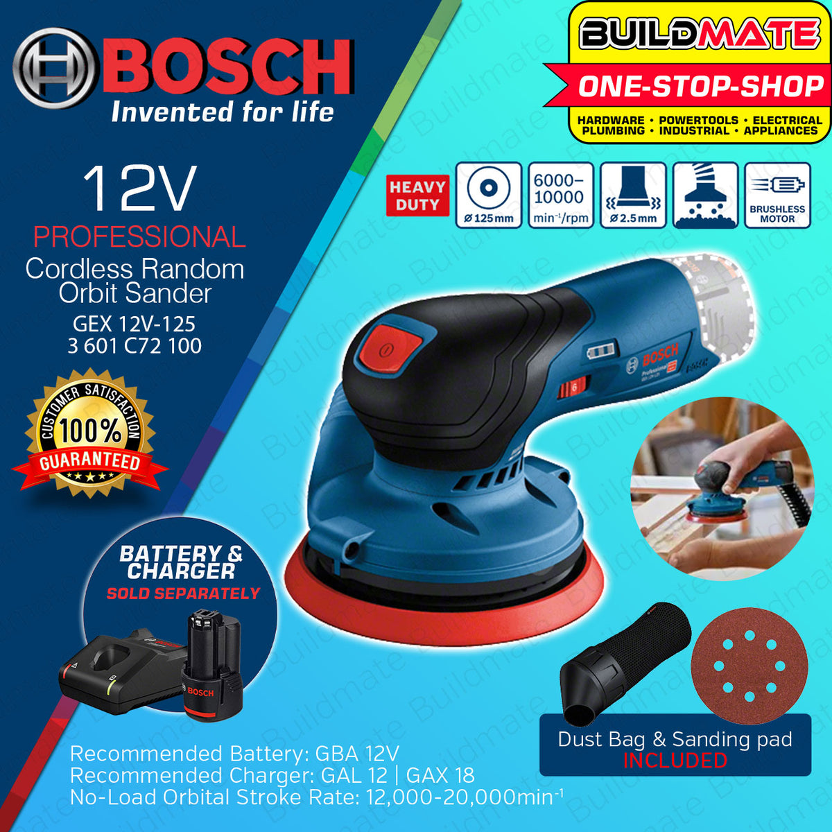 BUILDMATE Bosch Cordless Random Orbit Sander 12V 125mm Orbital Sander Finishing Sander Wood Orbital Sanding Finish Wood Sander Polishing Machine