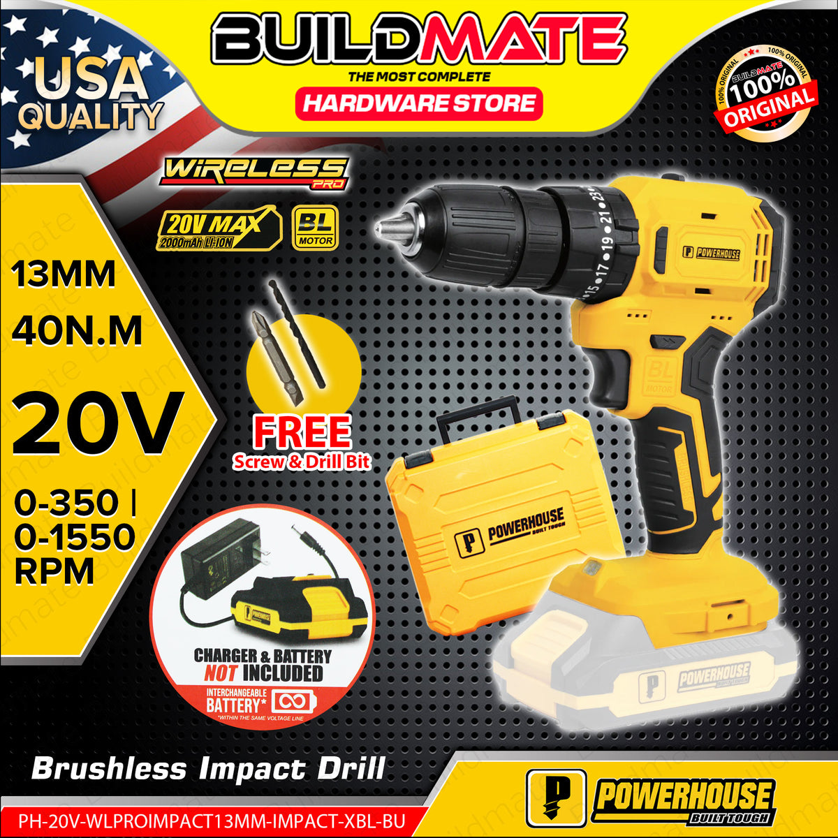 BUILDMATE Powerhouse 35Nm Cordless Impact Drill 20V13mm (NO BATTERY ...