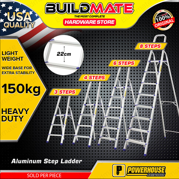 BUILDMATE Powerhouse Step Aluminum Ladder 150kg Capacity Heavy Duty Step Stool Folding Anti-Slip Stepladders - PHHT