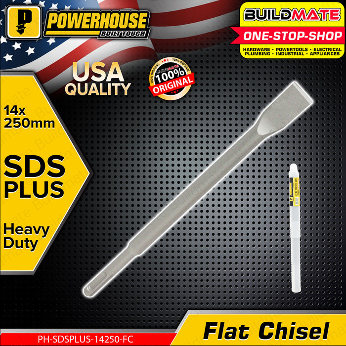 BUILDMATE Powerhouse  Pointed / Flat SDS Plus Chisel 14mm x 250mm for Masonry Concrete Rotary Hammer 14250 - PTAA