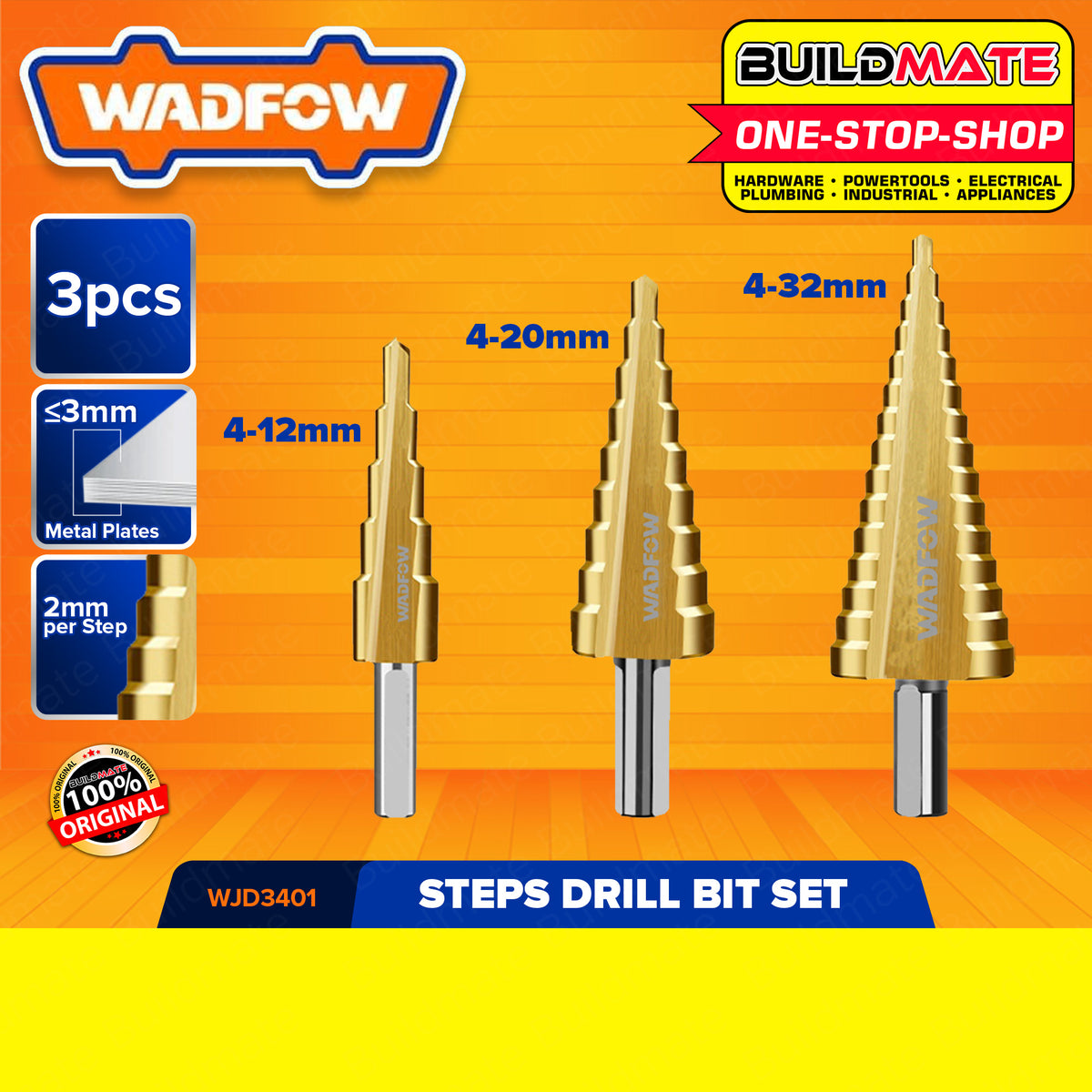 BUILDMATE Wadfow 3PCS/SET Step Drill Bit Hexagonal Shank Step Cone Dri ...
