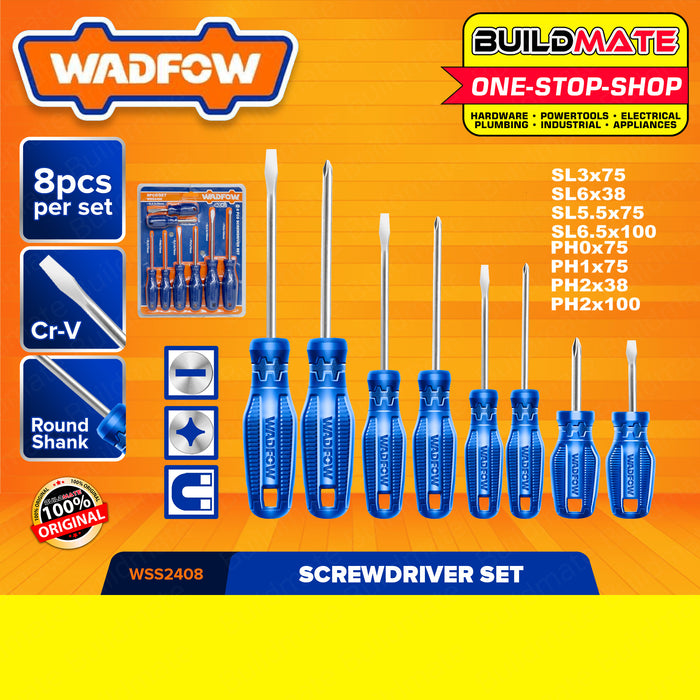 BUILDMATE Wadfow 8PCS Screwdriver Set Flat & Philip Screwdriver Round Shank & Flathead Screwdriver Slotted Screwdriver Crosshead Screwdriver Repair Tool Kit Hand Tool Set WSS2408 • WHT